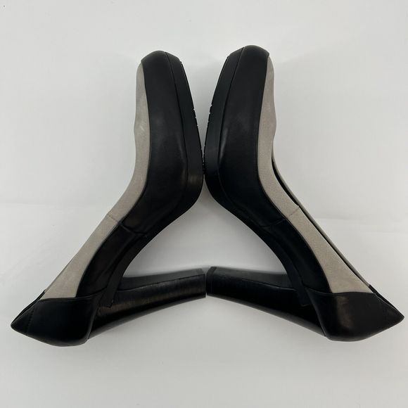 Tsubo Pumps Women's 8.5 Black Leather Gray Suede Stacked 4” Heels Buttery Soft‎ - Picture 8 of 11